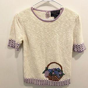 Vintage Hand Embroidered Flower Basket Sweater